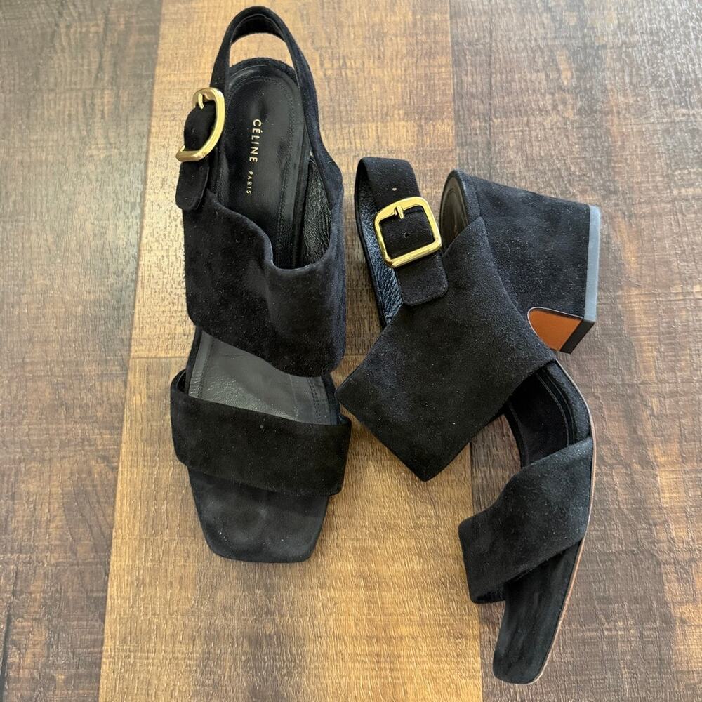 CELINE Black Suede Block Heel Slingback Sandals Gold Buckle EU 37.5